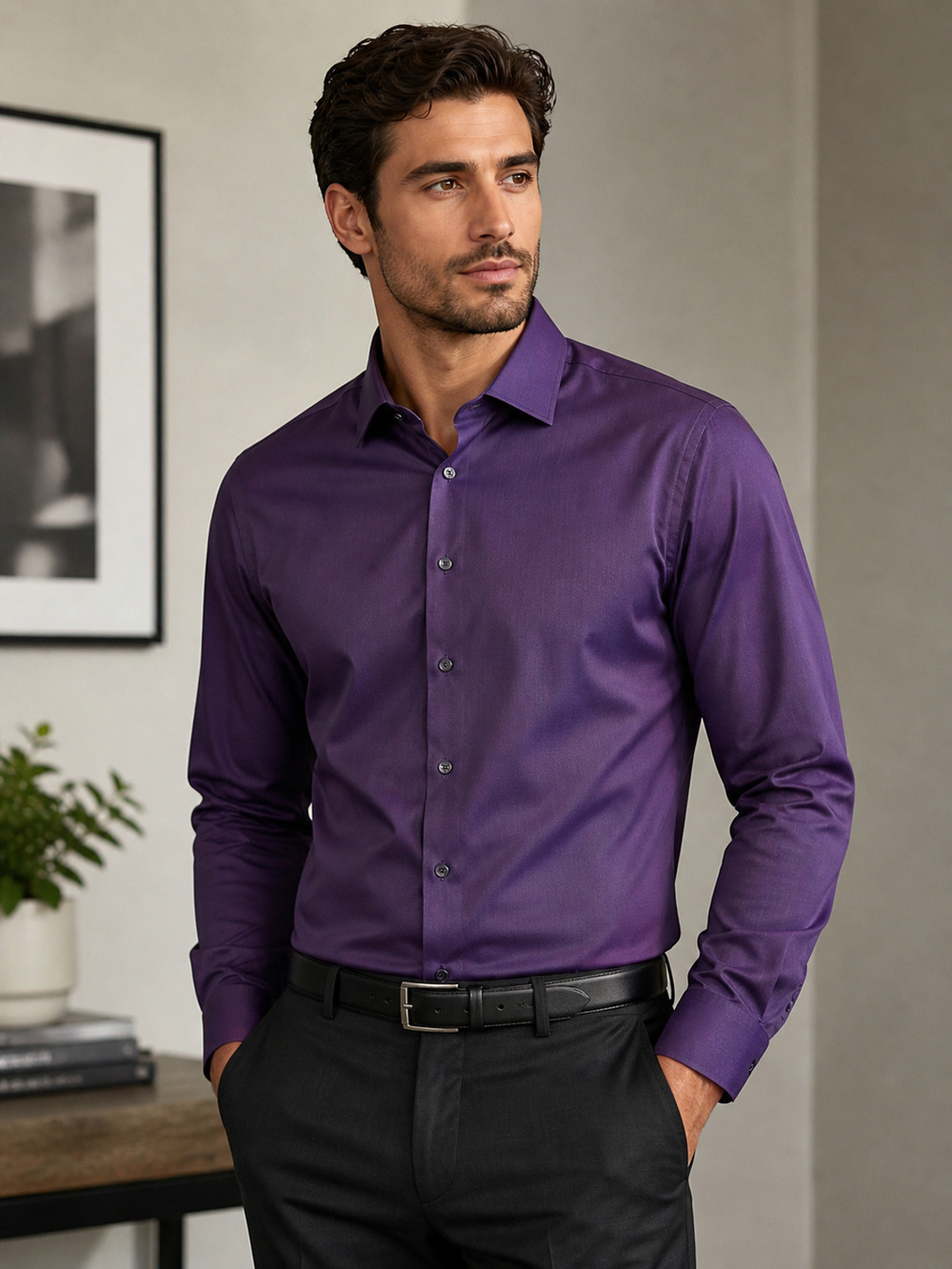 Kenneth Cole AWARNESS Slim Fit Purple Dress Shirt Mens 17 32/33 Cotton Button Up